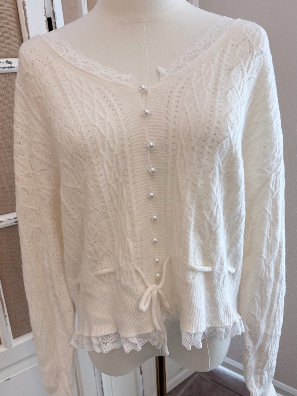 Altar'd State Tobi Pointelle Lace Cardigan Pearl Button Sweater XL Ivory NWT